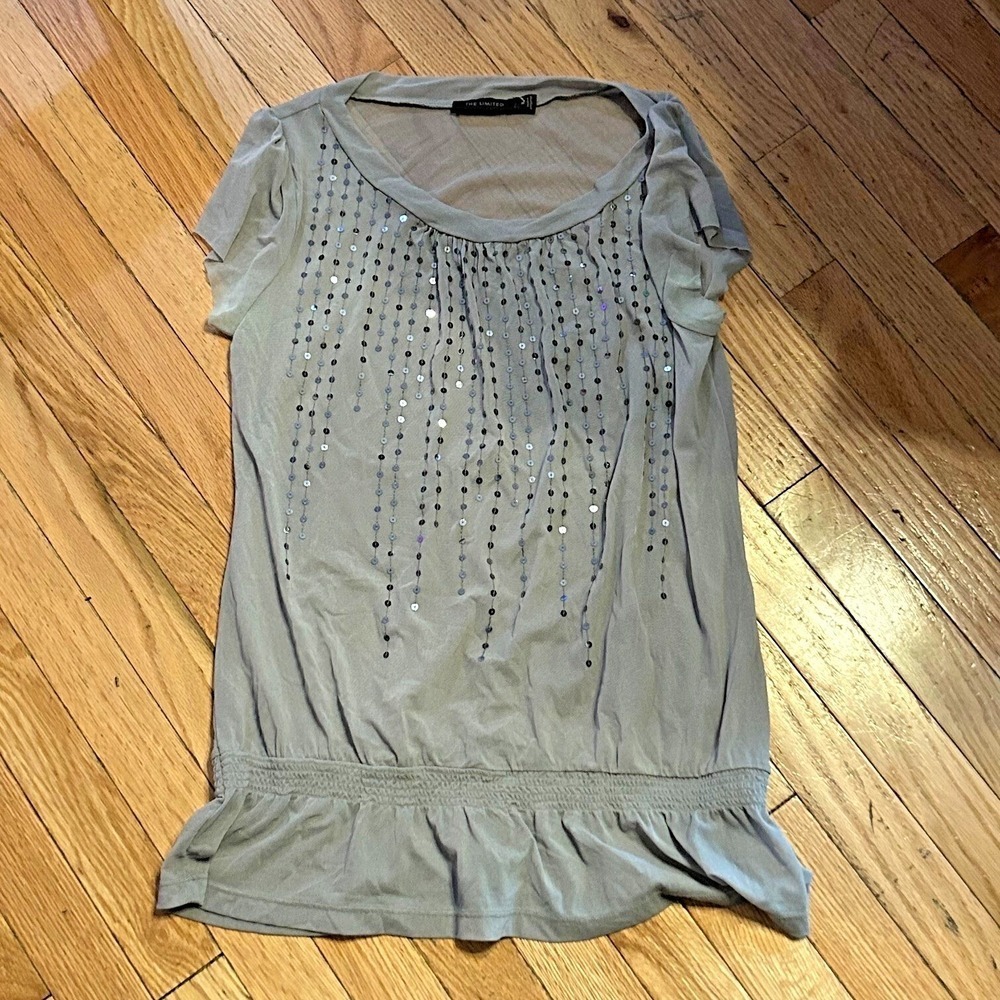 The Limited Women's Gray Silver Sequined Front Semi Sheer Peplum Top Med T25-21